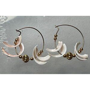 White Shell Crescent Moon & Gold Beaded Hoop Earrings